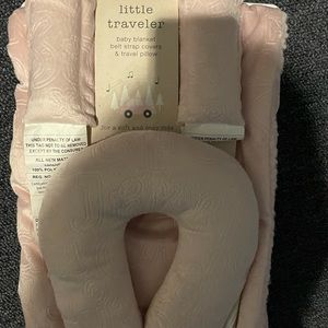 Car seat head support, strap covers and blanket set